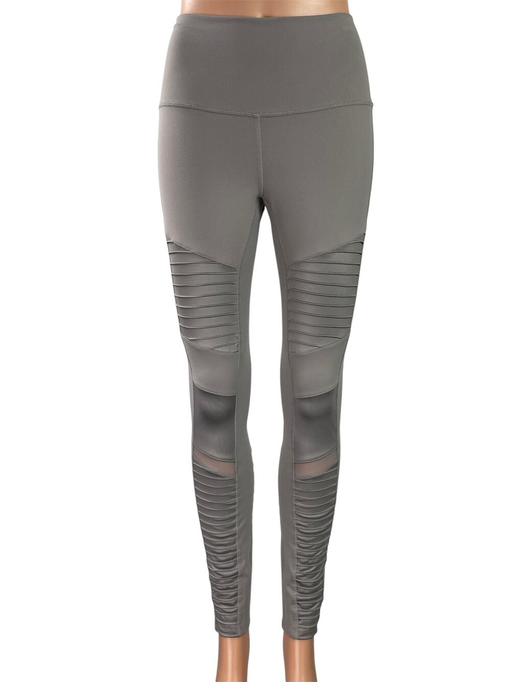 Alo Yoga Women's Gray Ribbed Mesh Workout Moto Athletic Leggings Pants Size S